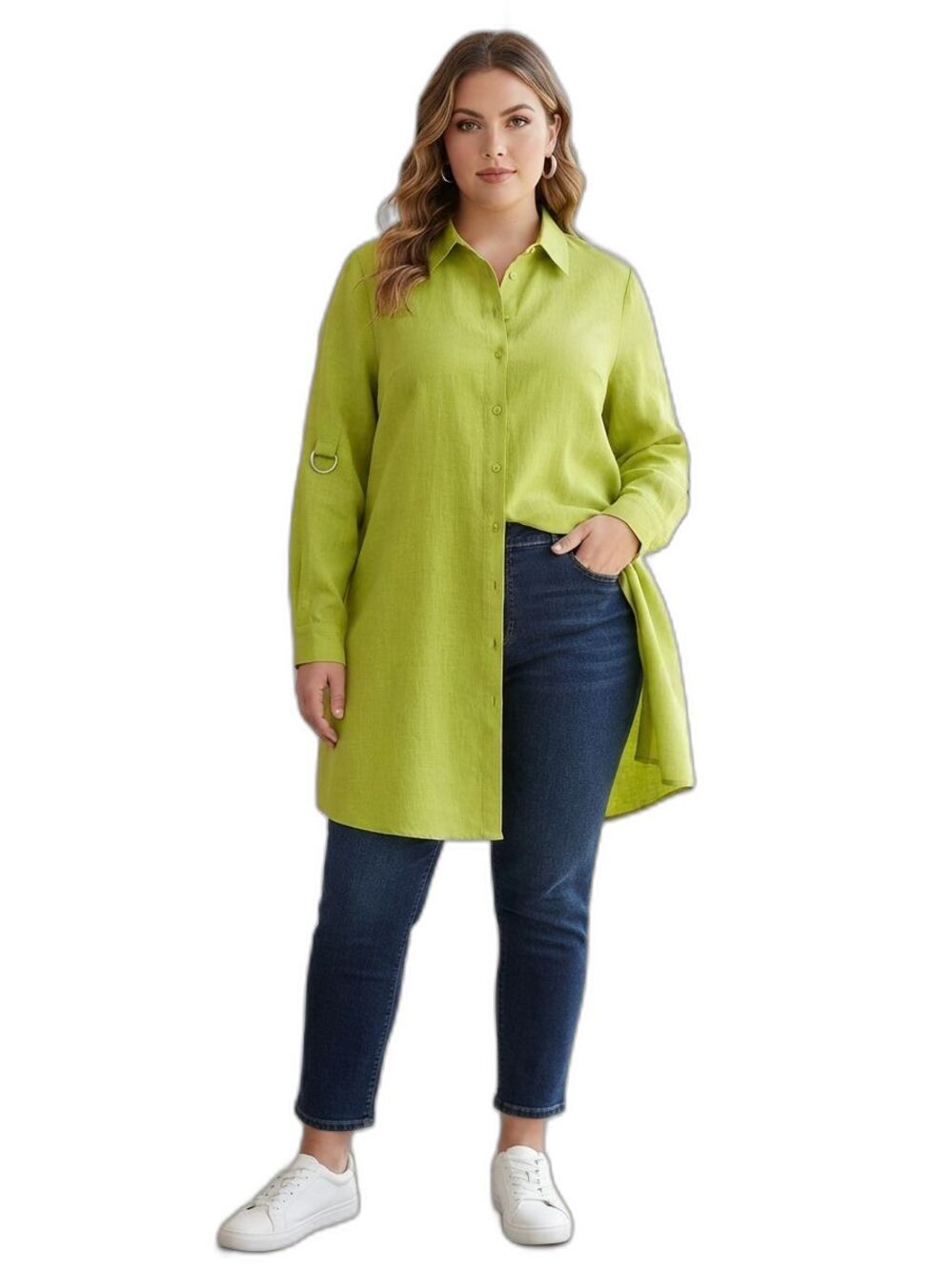 David Brooks 100% linen tunic shirt 2X plus lime green roll-tab button up NWOT